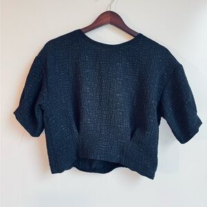 Beulah Women small Cropped Black Textured Short Sleeve Top smocked puff sleeve